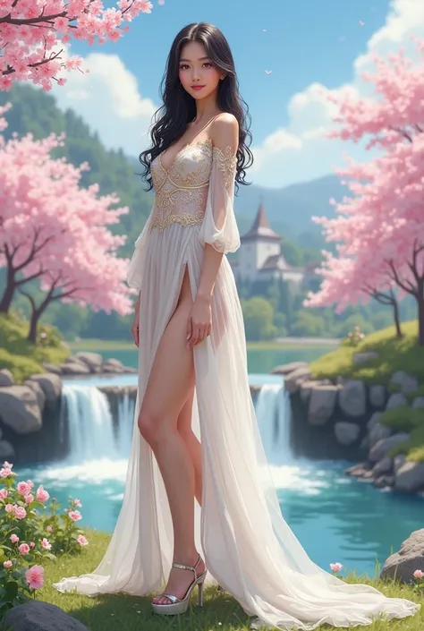 A digital illustration shoot from a full body camera angle about a beautiful woman in a flowing white dress standing by a serene landscape with cherry blossom trees and a waterfall. the image also shows a serenity scene with a castle in the background. on ...