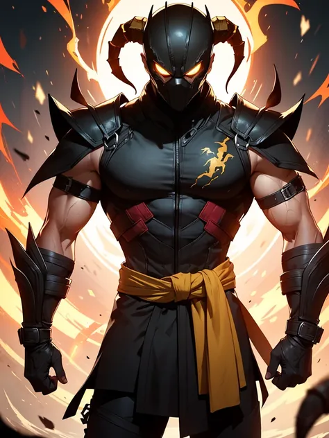 A highly detailed digital illustration of Scorpion from Mortal Kombat, depicted from the waist up in his classic yellow ninja outfit. He wears a bright yellow, traditional ninja gi with black accents on the shoulders, chest, and arms. His mask is a skull d...