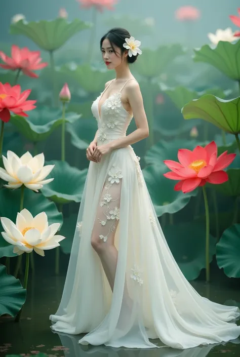 a woman in an elegant, flowing white gown adorned with floral designs. She is standing in a serene environment surrounded by large lotus flowers in various colors, including white and red, along with broad green leaves. The setting resembles a tranquil gar...