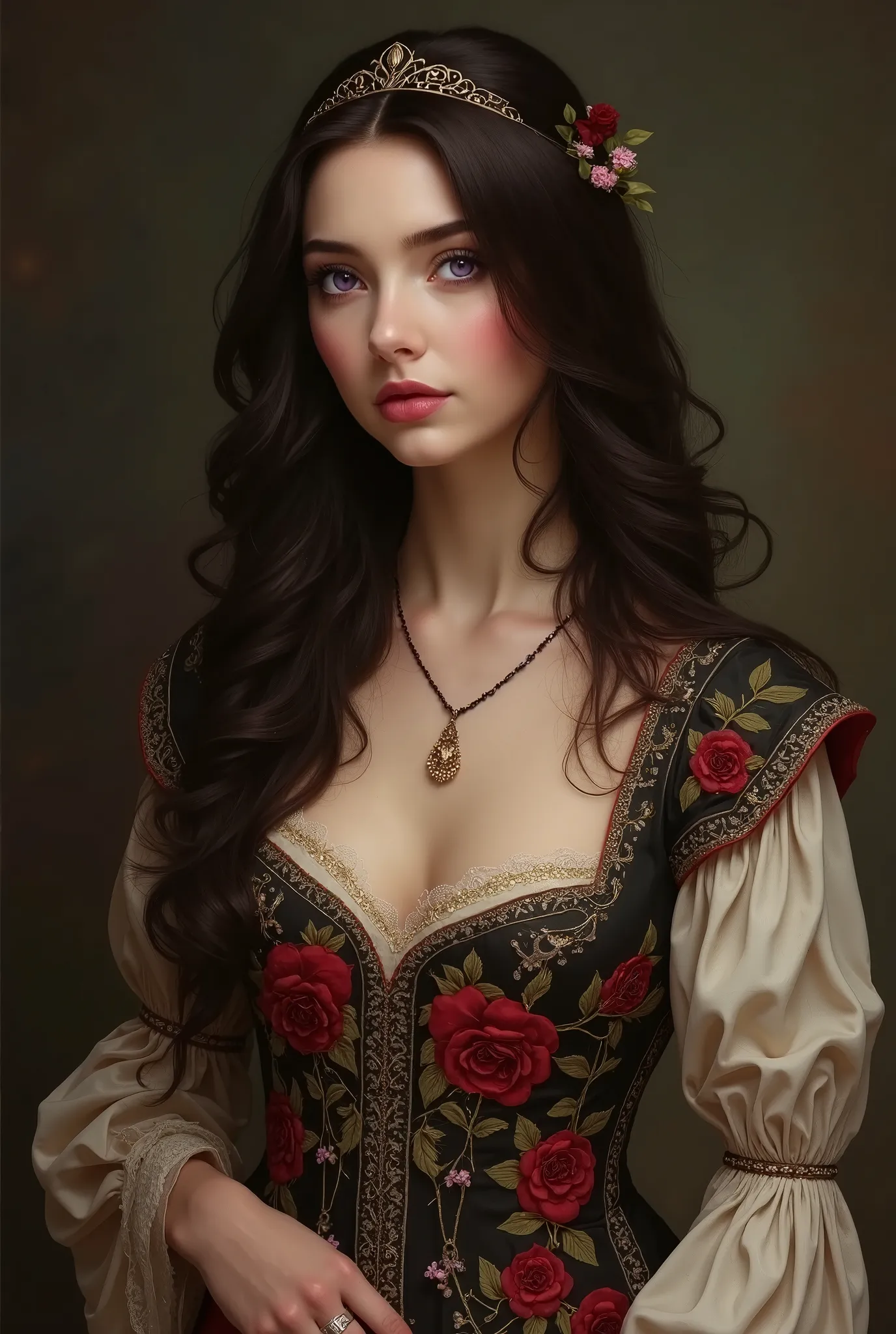  Best quality,  artwork , picture маслом на холсте, (picture,  Medieval long dress with embroidered roses,  the woman has long dark brown hair ,  purple eyes , she is wearing a small tiara on her head 

