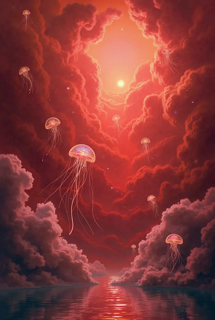 Red journal background with clouds and jellyfish