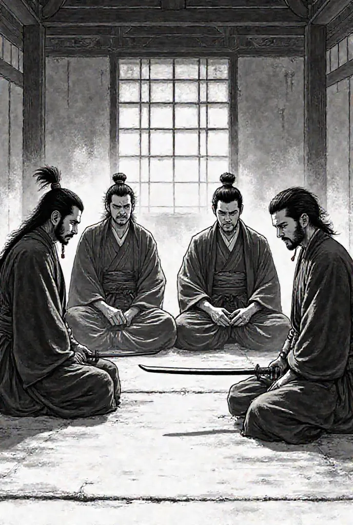 Myamoto Mushashi, Sasaki Kojiro,Ittosai Itto,inei hozoin.. Are sitting in a room.. Art style will be Manga type
From vagabond manga black and white