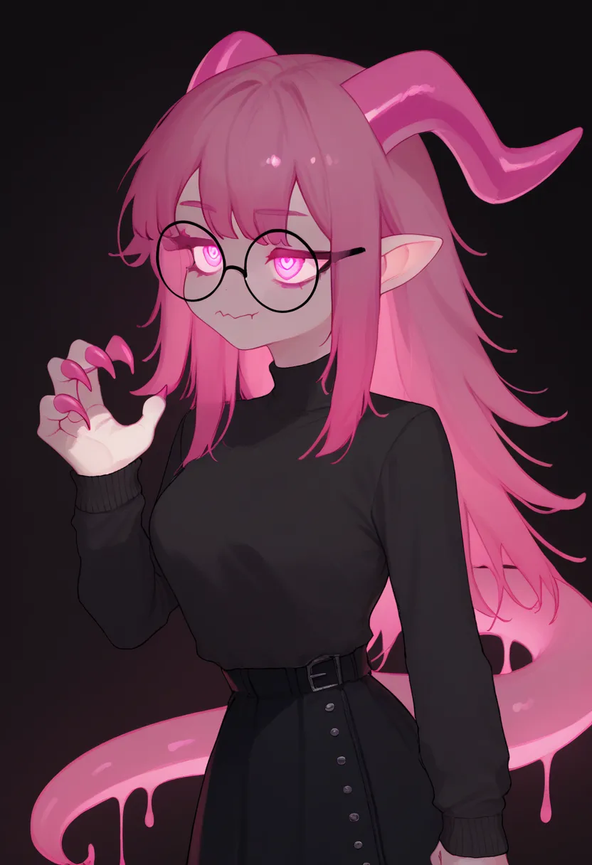 Anime girl with a flower for her left eye, black sweater, medium black skirt, magenta hair, long hair, vibrant inner hair, pink eyes, neon eyes, glowing eyes, dragon horns, glowing horns, ornament on right horn, tired eyes, tired look, lizard tail, glowing...