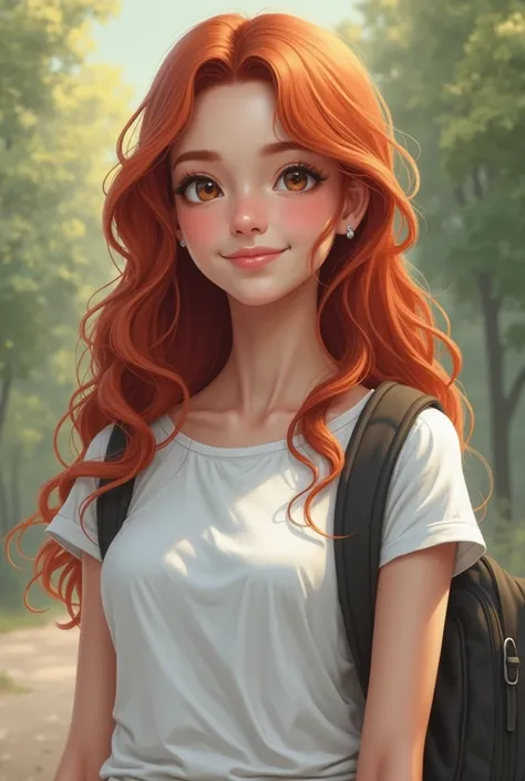 A realistic photo. full-length photo of a beautiful 18-year-old girl with red hair, wearing a white T-shirt, standing straight and smiling, with a backpack slung over her shoulder