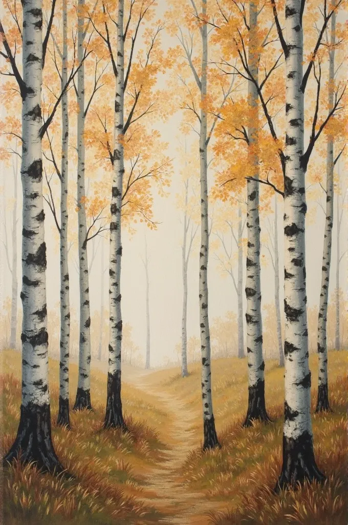 Tempera on wood panel，depicting early autumn birch groves，fine cracks after paint has dried，Underlying pencil lines can be seen in some areas，imitating Renaissance studio techniques