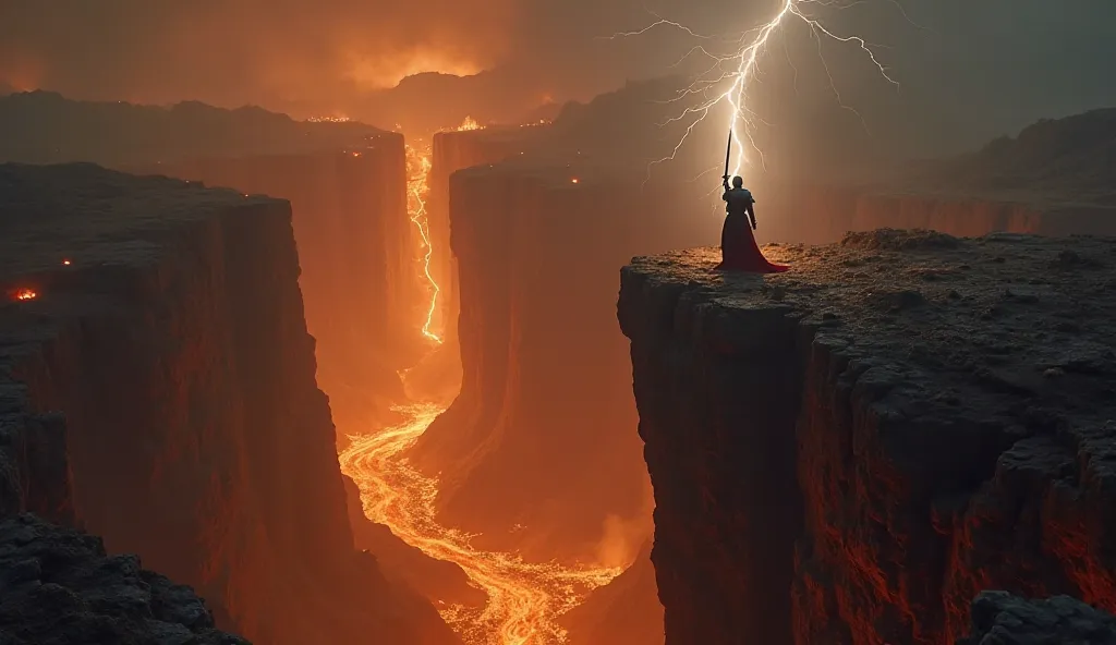 The camera shows a high cliff, which rises above the burning gorge. At the top of the cliff, you can see the figure of a knight in heavy armor from afar. He raised his longsword above his head. Lightning breaks out of the sword into the sky. Cinematic styl...