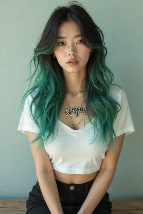 Korean Pretty girl wearing white croptop-shirt 
has a named BOSJEN in the center, sitting in a black and green hair 