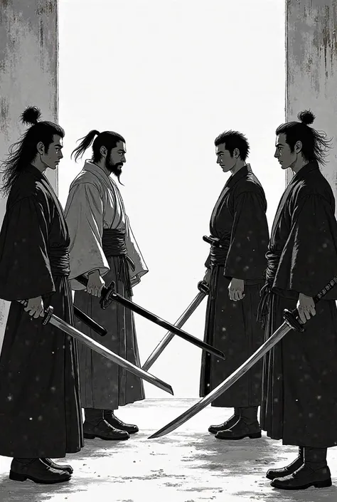 Myamoto Mushashi, Sasaki Kojiro,Ittosai Itto,inei hozoin.. Are standing in a room with their wepons.. Art style will be Manga type
From vagabond manga black and white