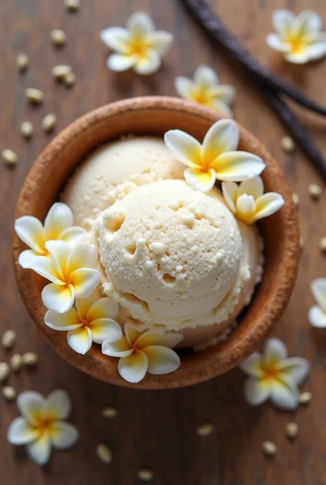 vanila ice cream in wooden bowl with vanila flowers and seeds top view 