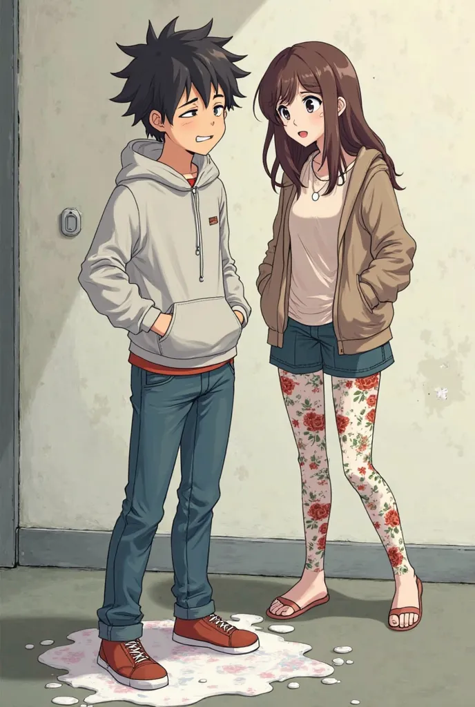 Anime boy in jeans and hoodie peeing and pooling his pants infront of a girl in floral leggings and a back t shirt 