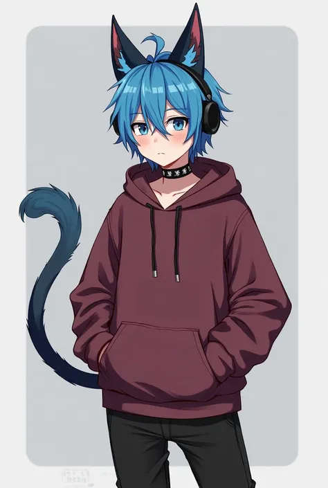  handsome guy,  human, with black fluffy ears, with a blue tail,  blue hair, burgundy hoodie,  black pants,  Neck Collar , funny facial movement,  black eyes , black headphones on the head