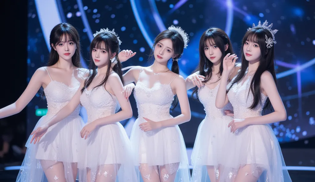 kpop girl group of 5 girls, each girl looks different, all of them have black hair, one of the girls is Japanese, 3 of the girls is Korean, and 1 of the girls is Filipino each member looks one of akind, realistic, unique and youthful visuals, celestial vib...