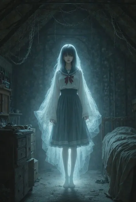 A female ghost from the attic wearing a Japanese schoolgirl dress