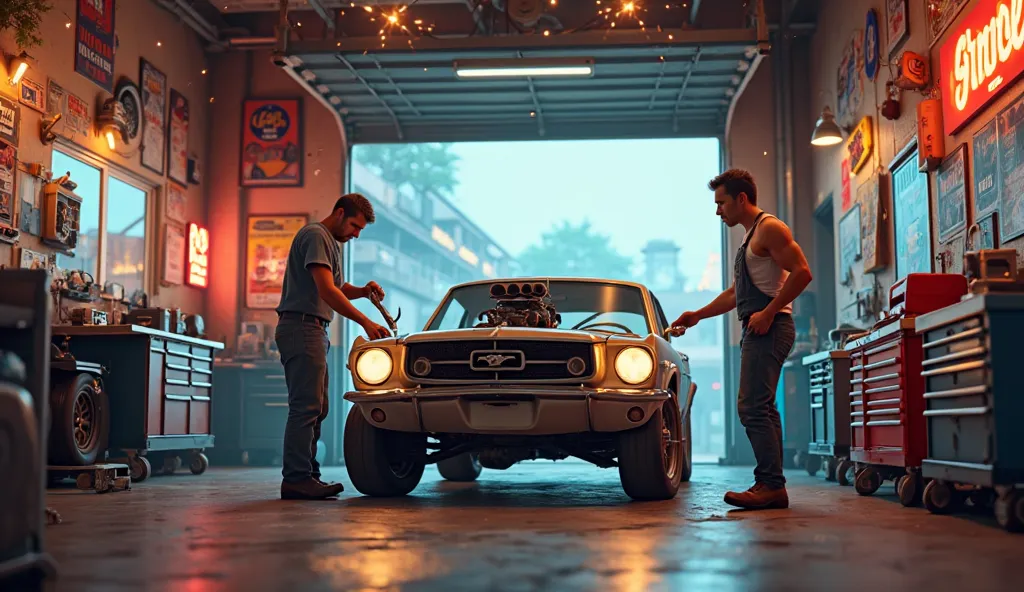 "A semi-cartoonish 3D cinematic view of a lively car garage. In the background, a rugged car is being repaired, with visible steam rising from the hood and a mechanic working under it. Two mechanics, one tall and lean, the other shorter and muscular, are a...