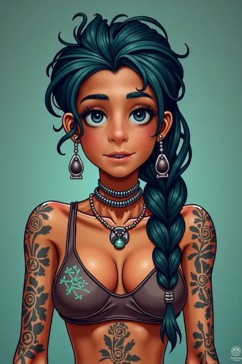 I want Jinx from arcane, but not wearing a top cover. One nipple with her hand the other nipple is covered by her braid, and her tattoos are more fractal in nature. But still, the what cloud like structure is still there. Um, for the video instead of danci...