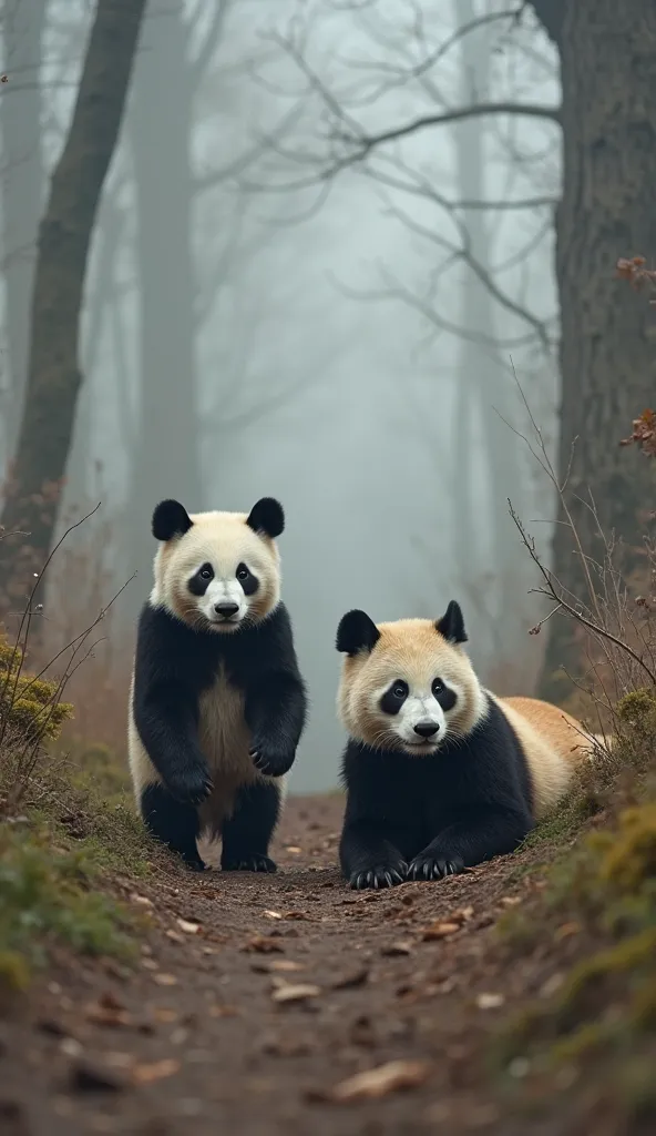 The image shows two panda bears in a forest. The panda on the left is standing on a dirt path with trees and bushes on either side. The wolf on the right is lying down on the ground with its head resting on its front paws. Both pandas are facing the camera...