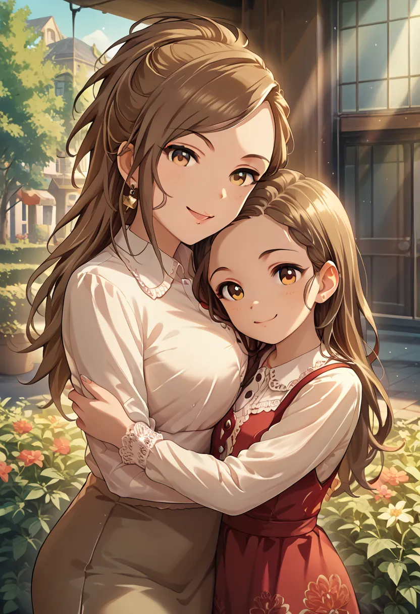 超 Hi-Res, masterpiece, t, 8k, 16k 、 (((Parent and small　Long haired child)))、dark-haired kid、Around town、 hug、 dress、 shirt、、smile、 Brown hair、 perfect body、