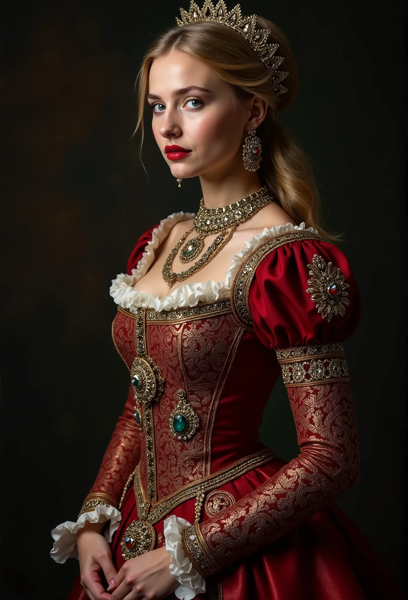  European and American royal court style， young woman,  covered with jewelry  ，  Dress in retro medieval style  ， The background is very dark ，Bust-shaped  ，