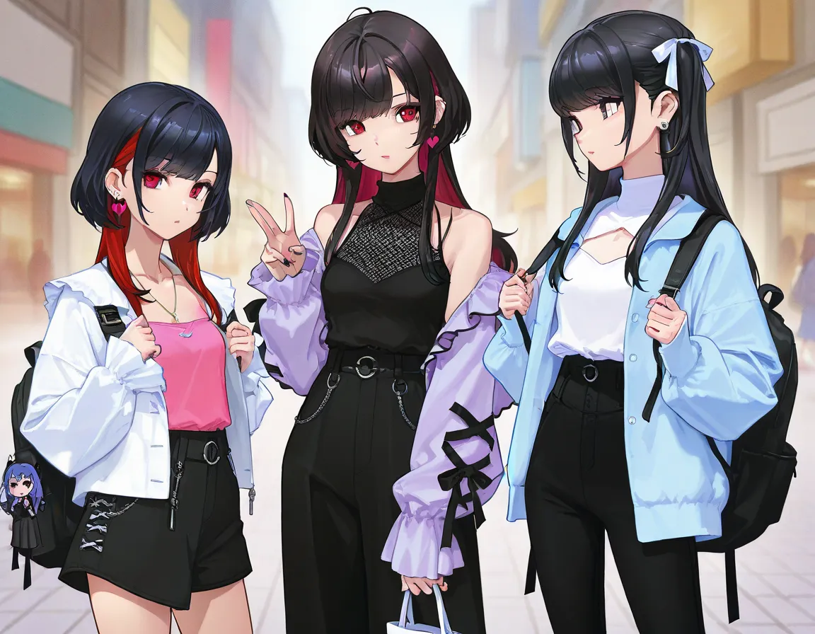 3 girls, anime characters, outfit designs, diverse outfits, (upper body character design), outfit design, fashion concept art, knit, shirt, shorts, skirt, blouse, halter neck, jacket, camisole, long pants, holding bag, different haircolor, backpack, hand g...