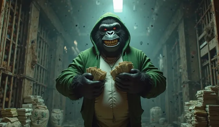 A highly detailed, cinematic 3D-rendered image of an anthropomorphic gorilla in a green hoodie and white shirt, holding multiple stacks of cash with a confident, mischievous grin. The gorilla stands in a dimly lit underground hideout with metal bars on the...