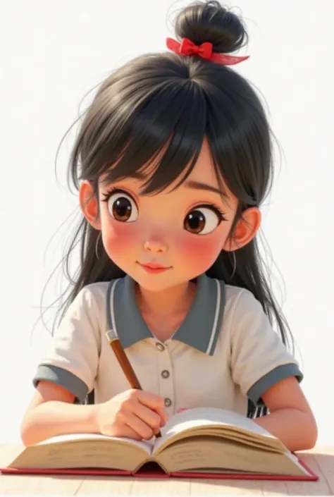 front page, Disney Pixar, girl long black hair tied with small red ribbon , well-tied hair well-groomed, medium black eyes , white polo with gray collar, SITTING WRITING , white background.