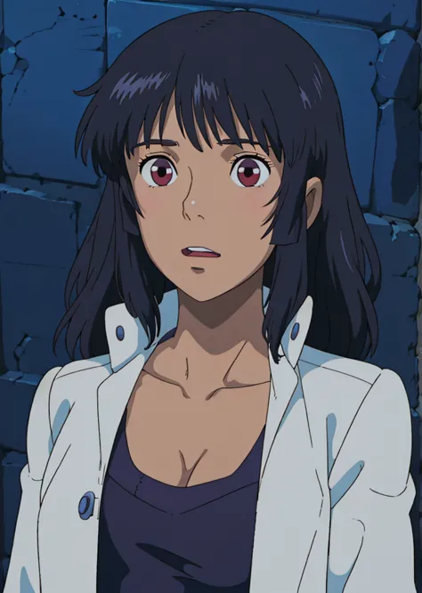 a woman in a white jacket and black top standing in front of a wall, miura kentaro style, in the anime film, in an anime, misato katsuragi, anime visual of a young woman, miura, female anime character, albedo from the anime overlord, 2 0 1 9 anime screensh...