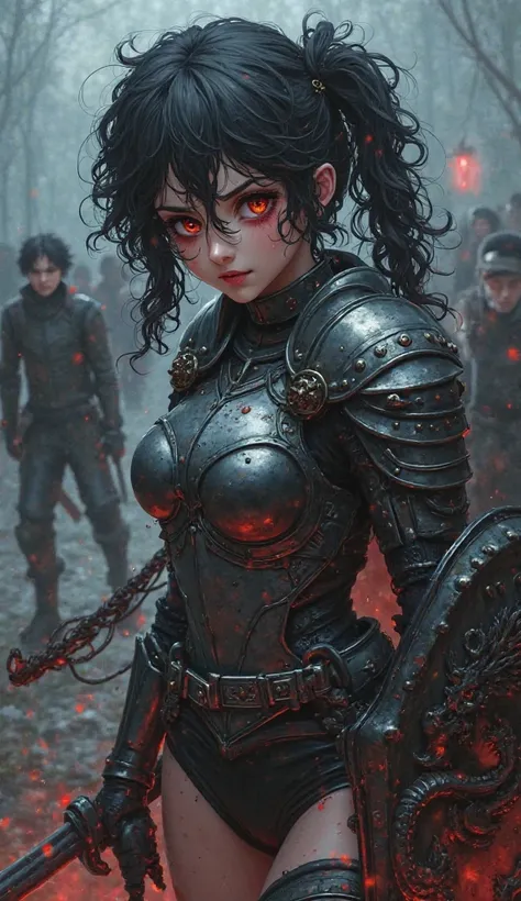 Girl with curly black hair with pigtails, using metal armor, black panties On her arm she has a sword and shield with a dragon,  There are bloody scars on the face, Next to her people in combat, Atmosphere in an anime-style night battle 