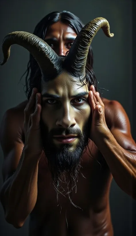 Creates an image of Jesus Christ holding the decapitated head of Baphomet, a Satanist goat that contains a pentagram on its forehead, the background is distorted and strange and horror (Jesus is aggressively holding Baphomet by the entity's hairs