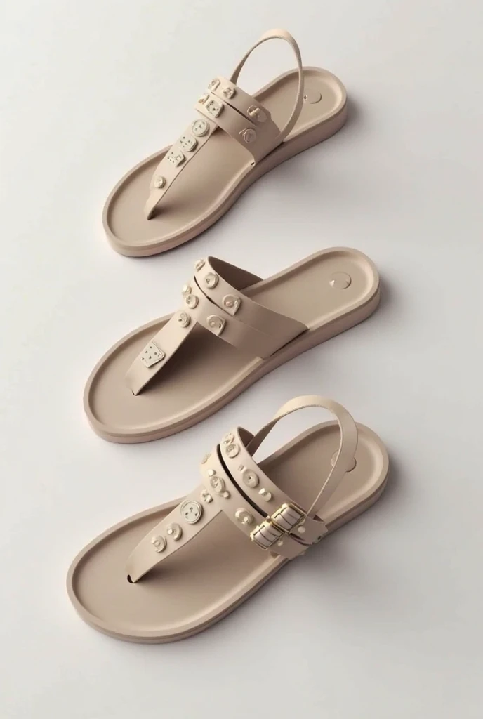 Design an innovative shoe model with shoe inserts and soles with multiple button holes on the straps to allow the user to press buttons on those straps or hook designs that connect the straps together to form sandal shoes, ... multiple styles, allows users...