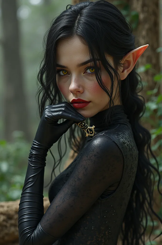 Sexy elf with black hair and red lips with a ritual dagger near the face and black cat suit and yellow eyes and black gloves