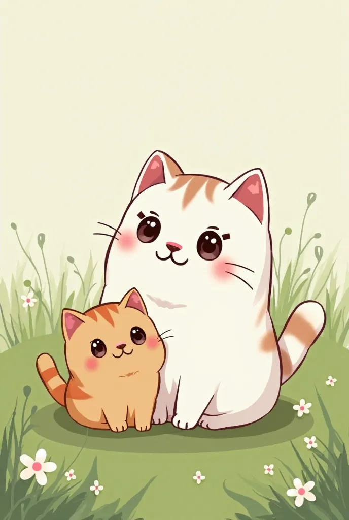 A wallpaper of two cats, one white and one brown with lenses,  cartoon style,  cartoon style kawaii con su pelaje poco definido y un fondo de pasto verde con flores minimalistas
El gato cafe es hombre