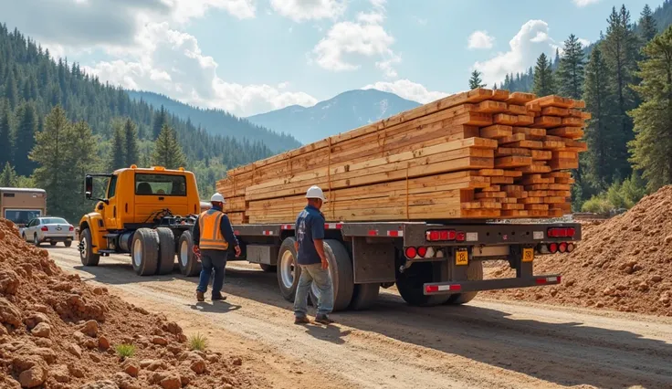 An image of a construction site with workers unloading high-quality lumber from Ganahl Lumber. The lumber should appear strong and durable, representing the company's commitment to top-notch materials for building projects