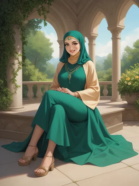 Six Beautiful Indonesian Women Sweet Smile Wearing Hijab Shar'i Color Mint Green Dress Long Color White Patterned Lace Beautiful Sandals Sitting Relaxing On Green Lawn Afternoon Background There Is Dusk And Sunshine Face Faces Fullbody Camera 