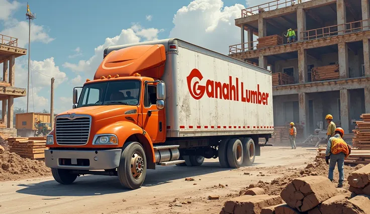 A delivery truck filled with Ganahl Lumber products arriving at a construction site. The image should capture the moment of delivery, illustrating the company's efficient and reliable delivery service