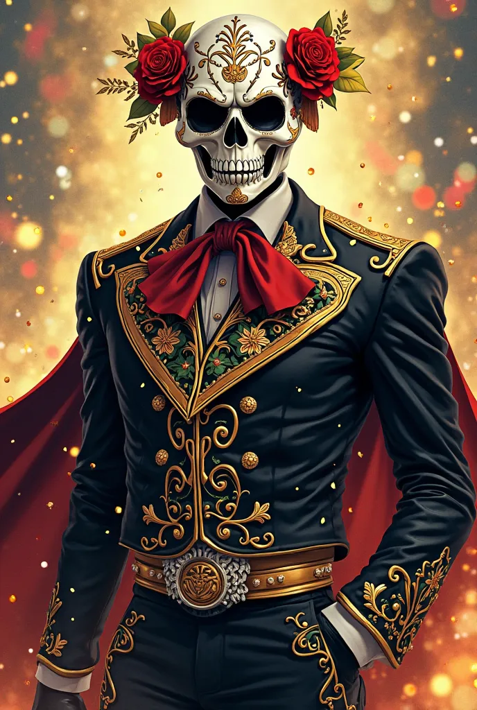 A black and gold lining strong mariachi with a white skull mask with sugar skull details in the mask in my hero academia style 