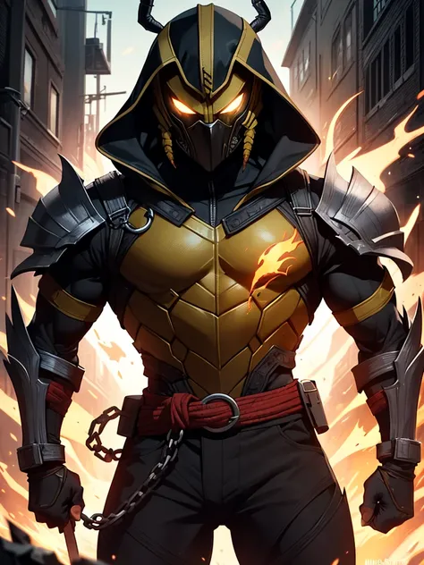 A detailed digital painting of Scorpion from Mortal Kombat 11, shown from the waist up. He wears his iconic yellow and black ninja outfit, featuring a yellow mask with black details and a black hood that covers his head. His armor consists of a simple but ...