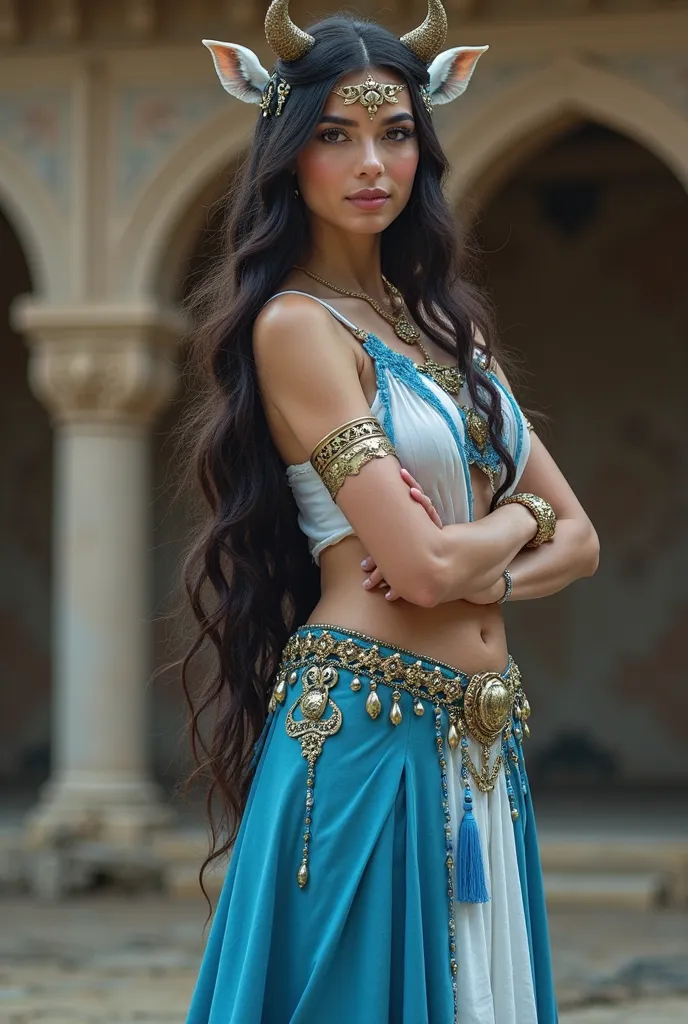 giraffe woman in a white top and a blue skirt posing for a picture,   as a medieval fantasy figure  , -Costume with blue accents, in costume , Persian princess , Persian queen, Arab boy Monica Belluci, with long turquoise hair, Morgana,  She is dressed as ...