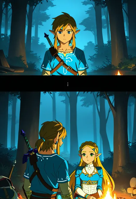 anime coloring, 1boy, link, 1girl, princess zelda, the legend of zelda, breath of the wild, looking at another, upper body, forest, dark, night, campfire, anime screenshot, very awa, masterpiece, absurdres, best quality