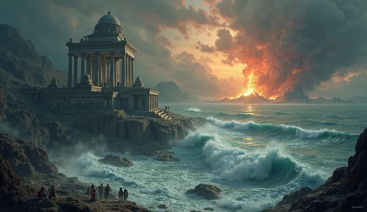 A dramatic and mysterious depiction of the lost city of Atlantis in its final moments before disappearing. Towering waves crash over grand temples and intricate stone structures as the city sinks into the depths of the ocean. Fiery volcanic eruptions in th...