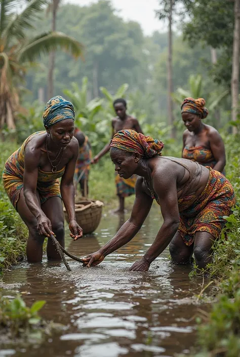 African women who empty a pond to catch fish