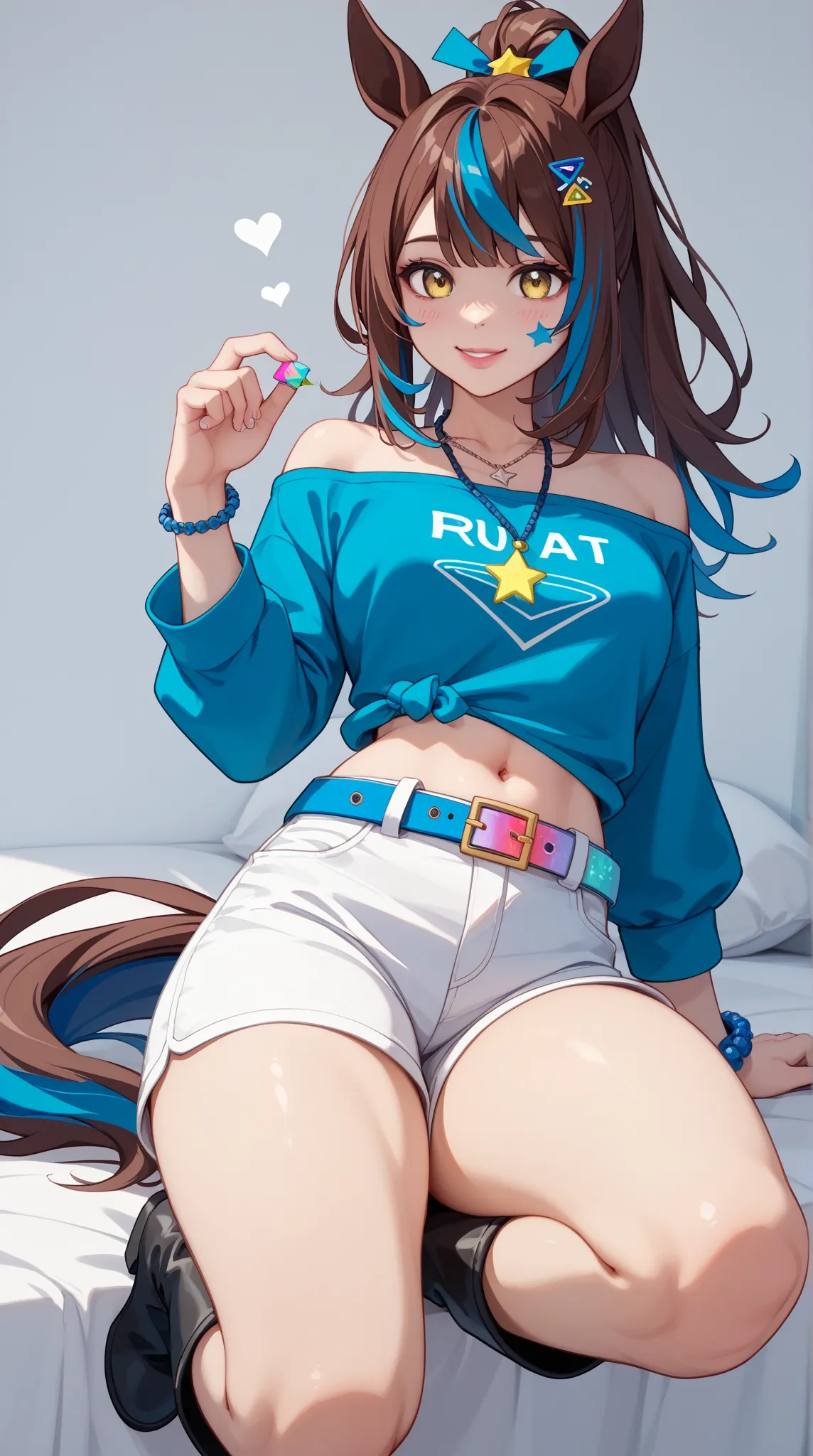 1 girl、Red dark brown hair、((blue streaked hair)), (blue highlights hair)、 star-shaped hairpin with bangs split to the right、 gal、 horse ears、((blue off-the-shoulder shirt))、(( White Hot Pants))、((white shorts))、square necklace、Fluorescent light blue ribbo...