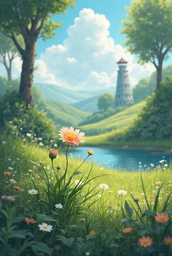 A small flower in the middle of nature with a tower in the background