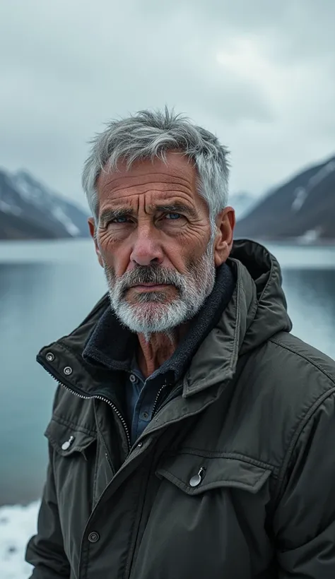  beautiful ,  pumped, gray haired man. water stands in Lake Baikal