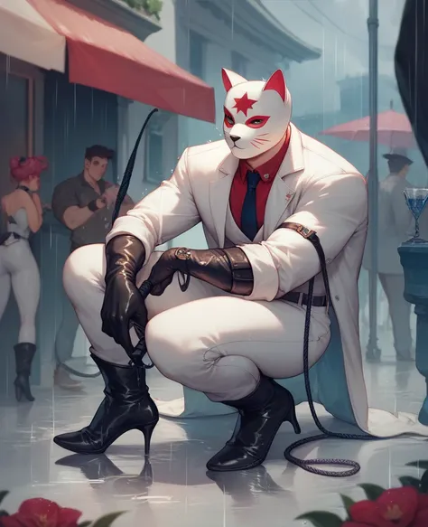 Sexy girl with white catsuit  whole body and long gloves with high heels long boots and whip with cat mask in raining city night modern by tied man 
