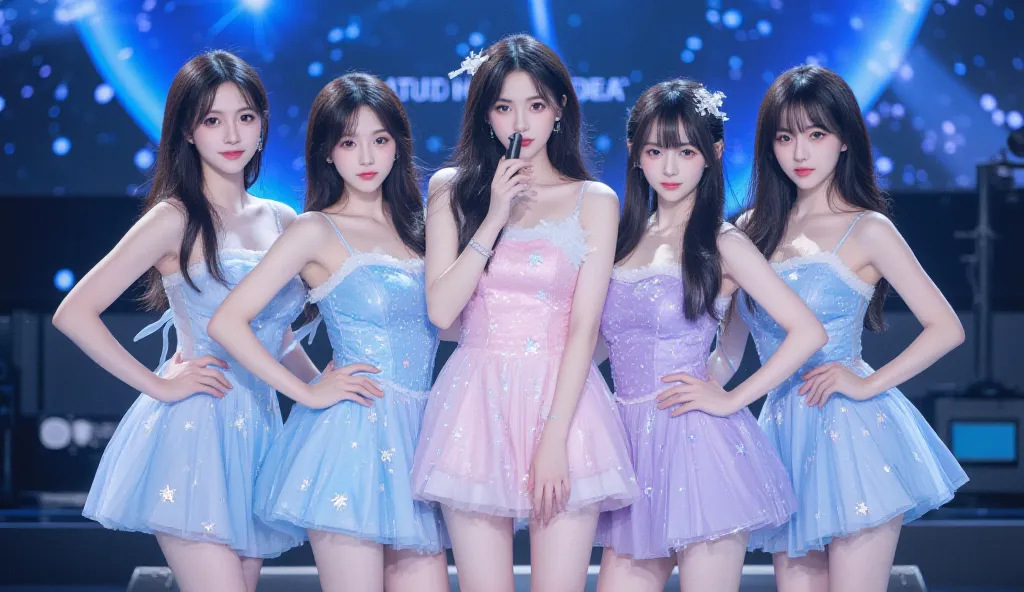 kpop girl group of 5 girls, each girl looks different, all of them have black hair, one of the girls is Japanese, 3 of the girls is Korean, and 1 of the girls is Filipino each member looks one of akind, realistic, unique and youthful visuals, celestial vib...