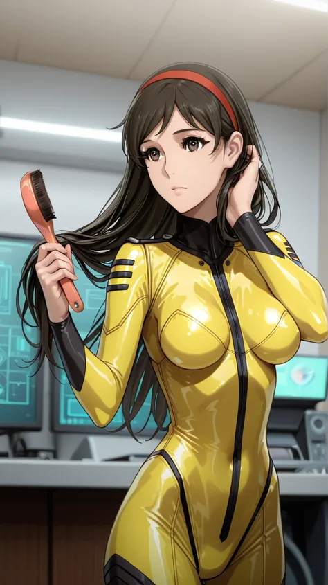 No comb　The gesture of brushing up your hair and putting the hair on the side of your face over your ear and flushing it backwards　(( One Woman 　1 SCENE))　Alone　tucking hair　Saijo Miki , brown eyes　 long hair　 dark hair　red headband　yellow bodysuit　 detail...