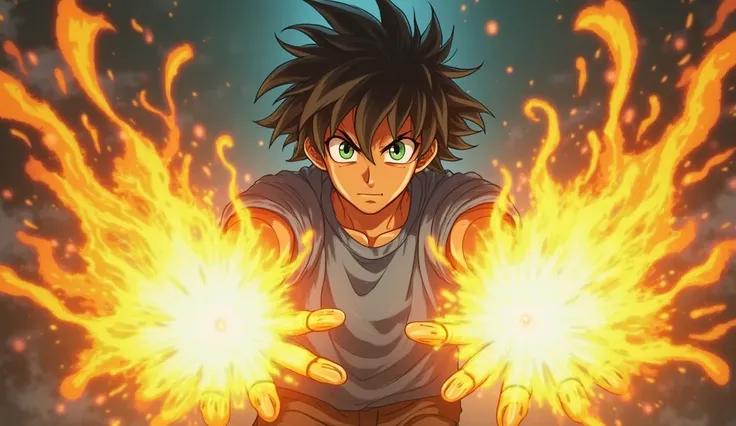 Create anime image of a brown skin toned guy with black hair, green eyes, wearing a blue t-shirt, he has is firing an intense attack with his yellow energy blast coming from his hands.