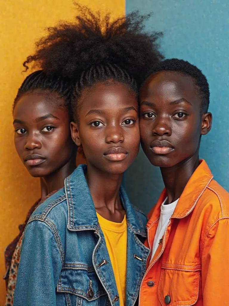 A magazine-style cover featuring a close-up, creative portrait of three stylish Kenyan s (ages 13, 16, and 18), each dressed in trendy, modern urban fashion. The characters—both boys and girls—have diverse body types, showcasing unique styles that reflect ...