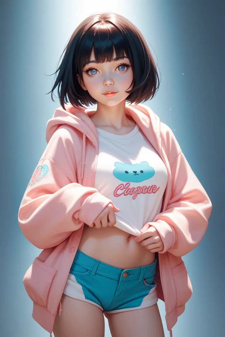  human girl、black hair bob hair、Hoodie that covers up to the large lower abdomen、 hotpants、 c cup、droopy eyes、cute