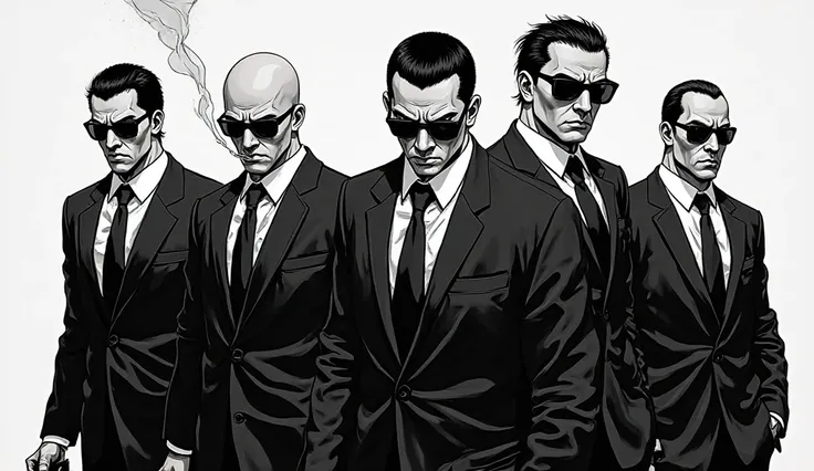 4 Yakuja gang members are coming with wearing balck court and sunglasses.. Also one have cigarettes ... Back and white manga style anime 